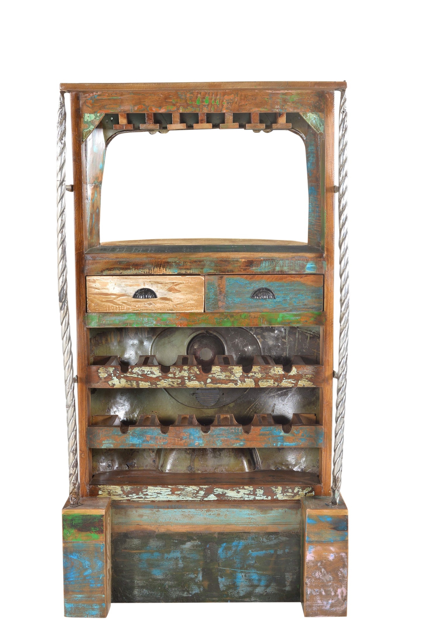 Barschrank Tuk-Tuk 2 Schubladen Ablage fuer 10 Flaschen und 18 Glaeser recycelte Tuk Tuk - Front