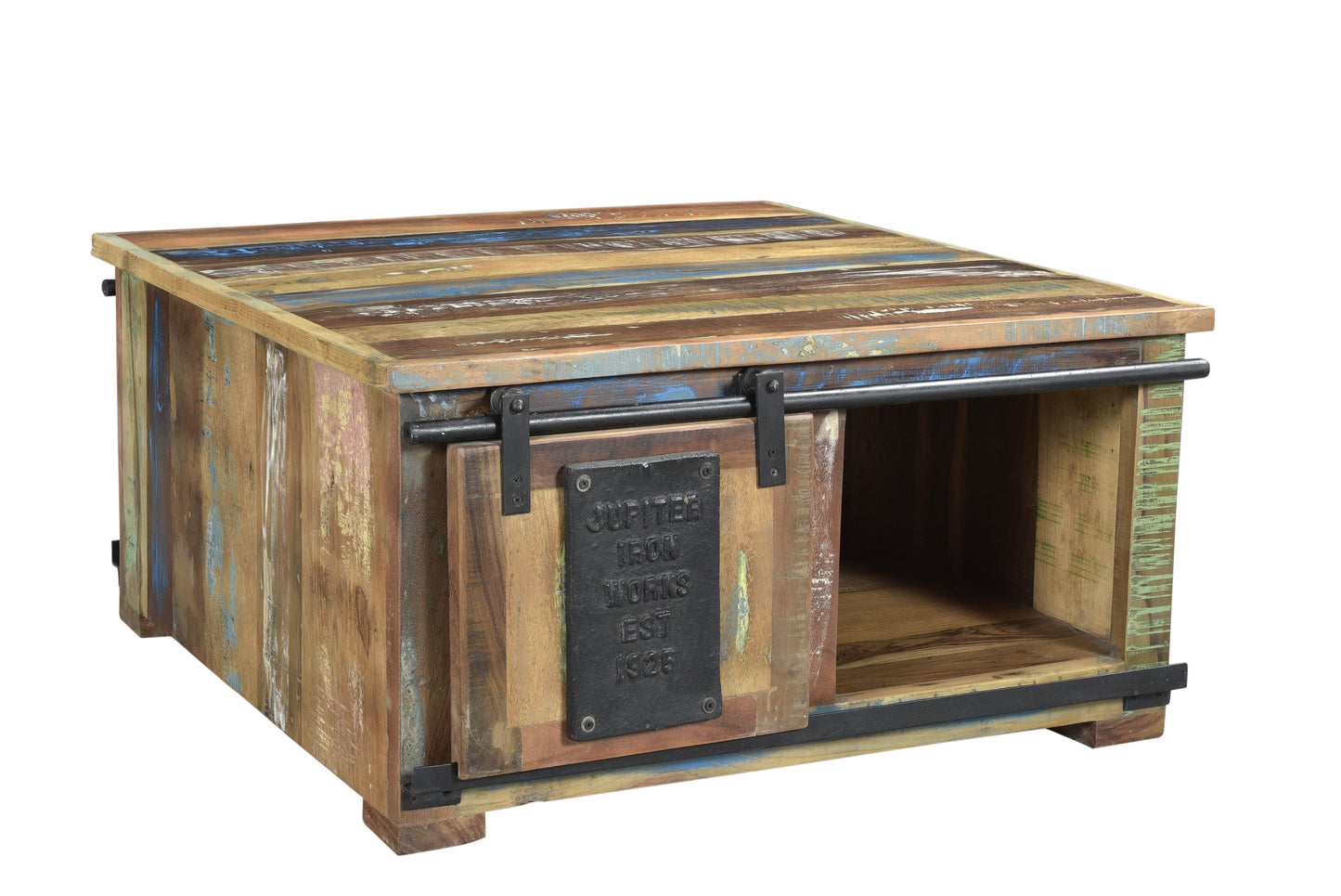 Couchtischtruhe 2 Schiebetueren schwarze Metallschienen und Applikationen