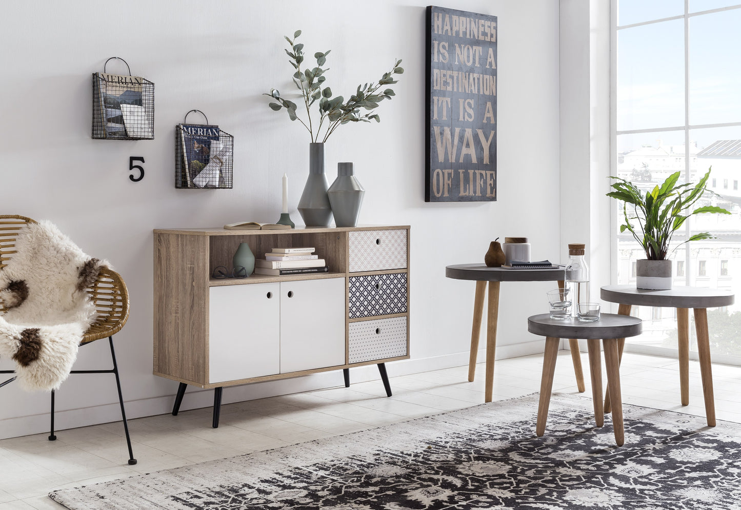 Sideboard 3 Schubladen 2 Tueren 1 offenes Fach Fachmass 675x375x18 cm Schubladeninnenmasse 30x30x125cm hinter den Tueren 675x375x35 cm ohne Boden Abstand vom Boden bis zur Unterkante 17 cm