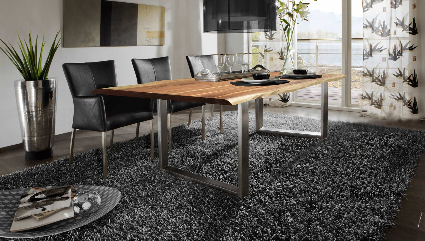Tisch 220x100 cm Akazie natur 56 mm Baumkante wie gewachsen mit silbernem Kufen-Gestell Plattenstaerke 56 mm