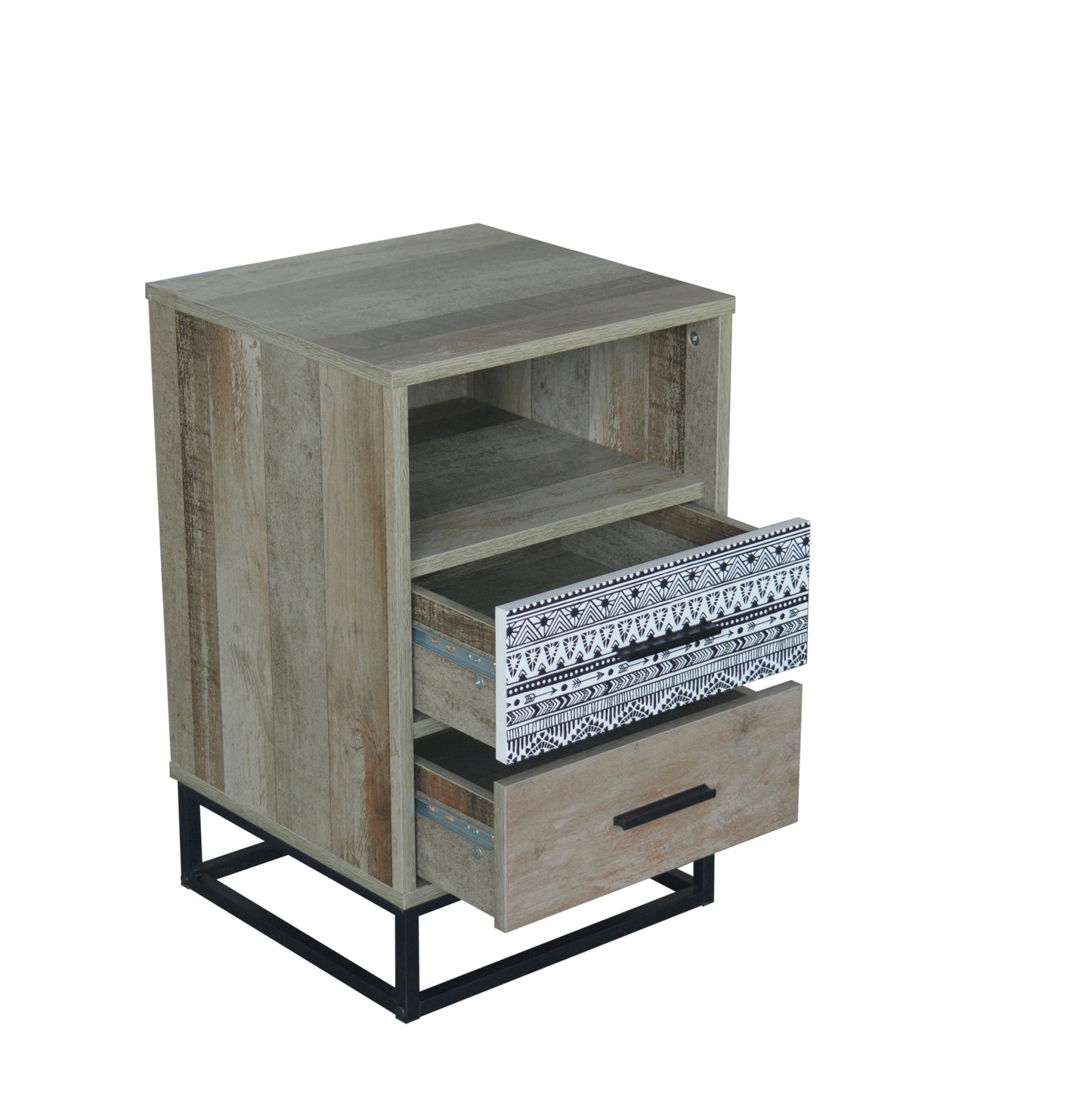 Nachtkommode 2 Schubladen 1 offenes Fach mit Dekorfolie