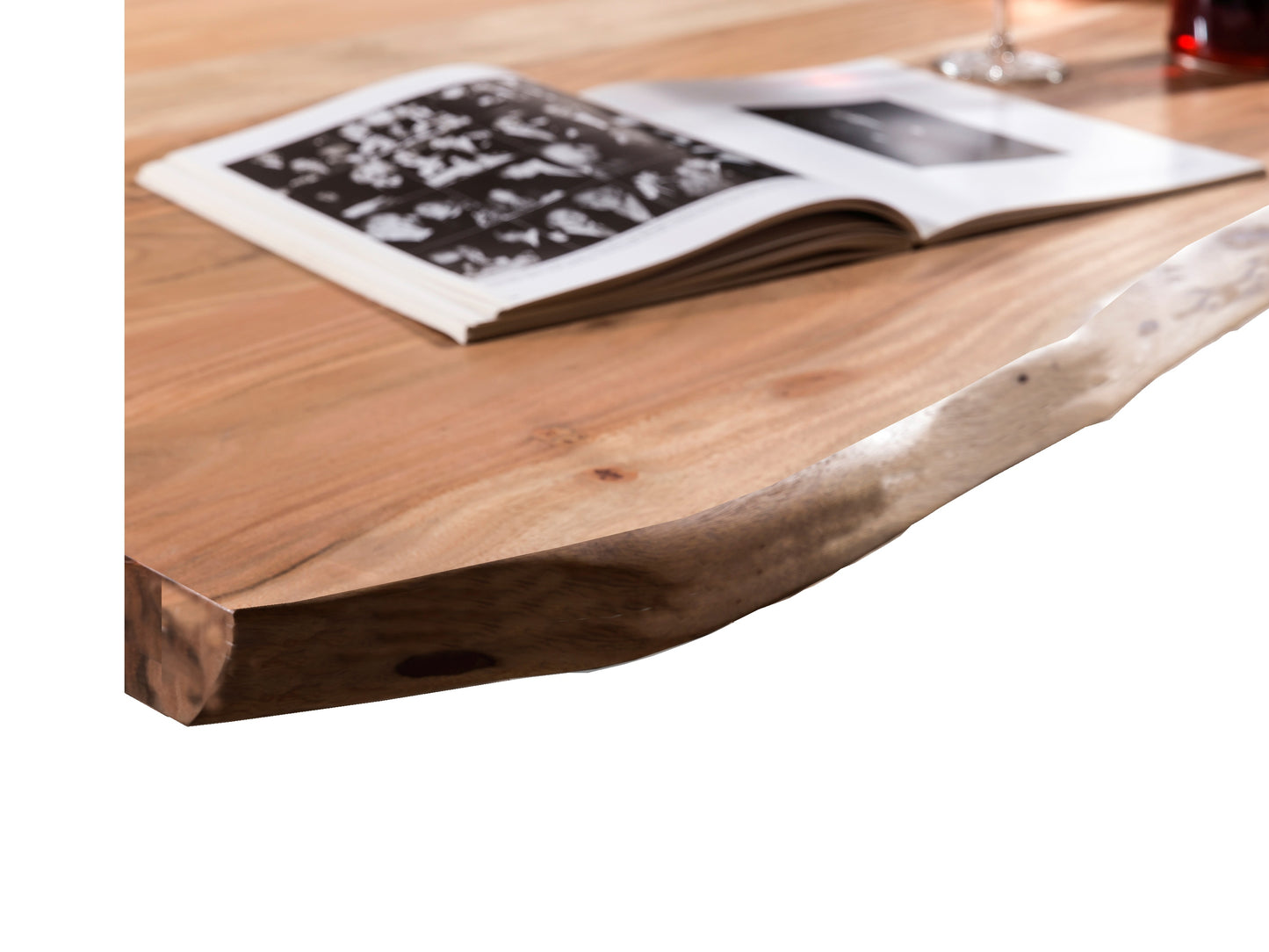Tisch 240x100 cm Platte Akazie 56 cm mit Baumkante extravagantes silbernes Gestell Plattenstaerke 56 mm