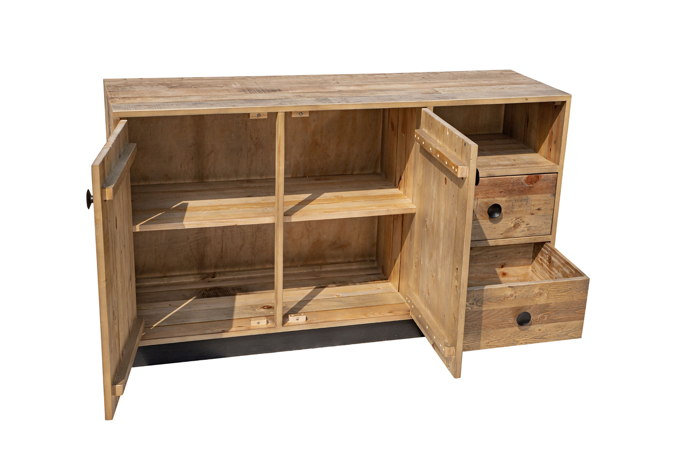 Sideboard 2 Tueren 2 Schubladen 1 offenes Fach aus recyceltem Pinienholz