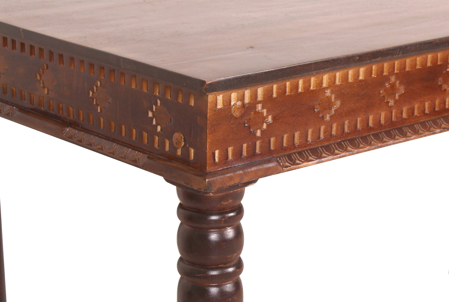 Tisch 140x70 cm mit aufwaendigen Schnitzereien auf der Zarge Plattenstaerke 15 mm Abstand Zarge bis Boden 66 cm