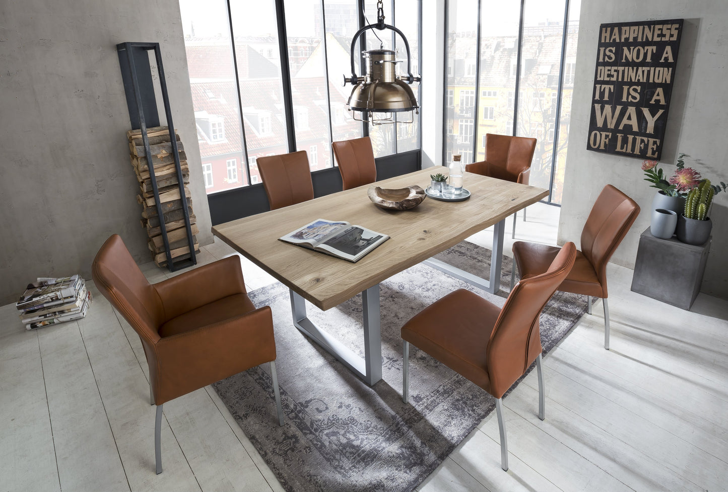 Tisch 120x80 cm Wildeiche silbernes Gestell mit Baumkante wie gewachsen Plattenstaerke 20 mm auf 40 mm aufgedoppelt Platte aus durchgehenden Lamellen Abstand Gestell zur Kante 12 cm Gestellbreite 8 cm