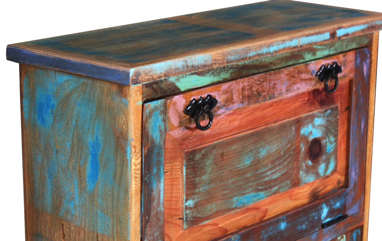 Schuhschrank 3 Klappen aus bunt recyceltem Holz fuer ca 15 Paar Schuhe