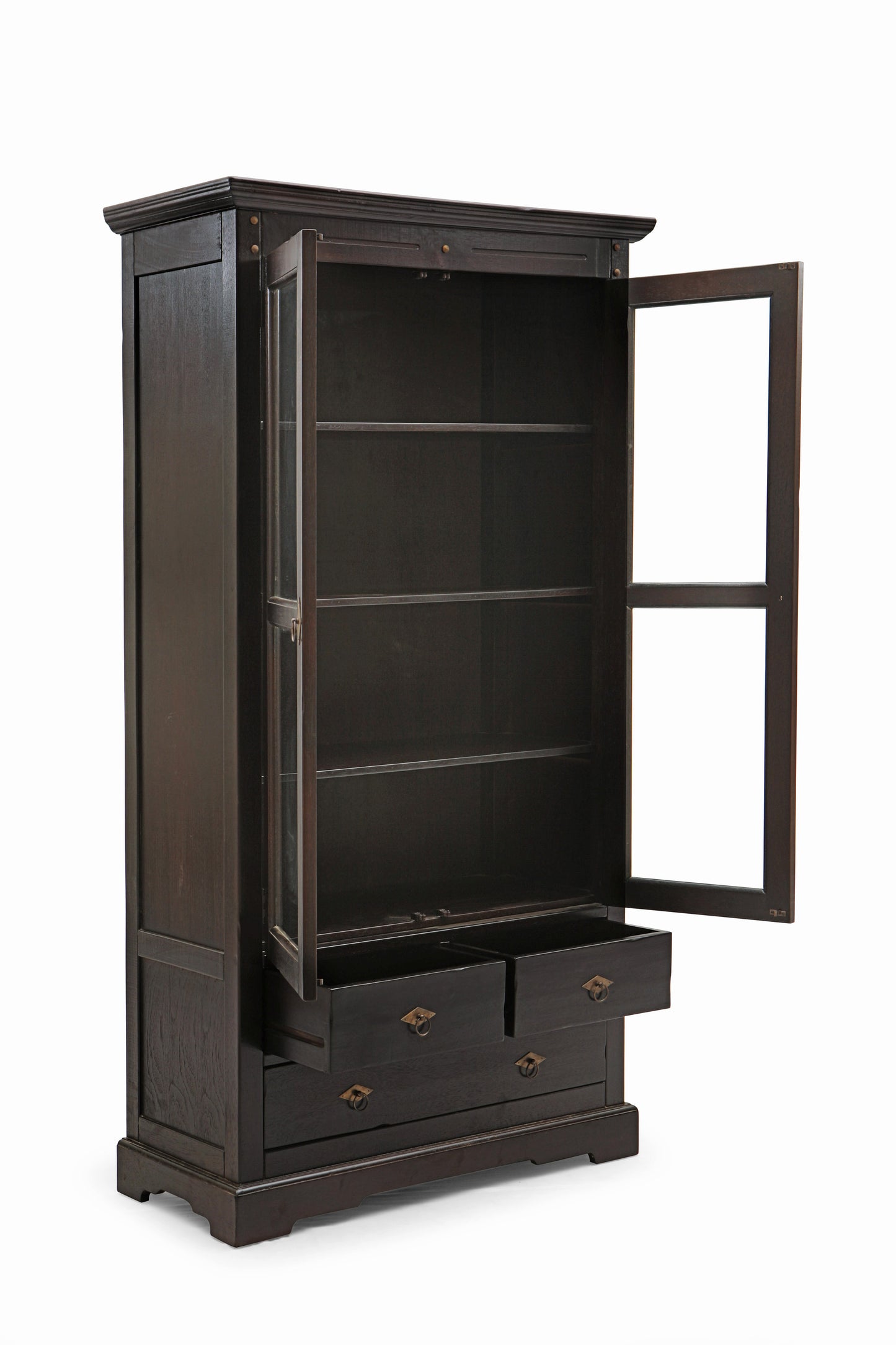 Vitrine 2 Tueren mit Glaseinsatz 2 kleine und 1 grosse Schublade auf Holzauszuegen 3 durchgaengige feste Einlegeboeden Fachmasse BT 80x36 cm Hoehe 1 x 405 cm und 3 x 285 cm Schubladeninnenmasse 355x31x125 und 765x31x125 cm