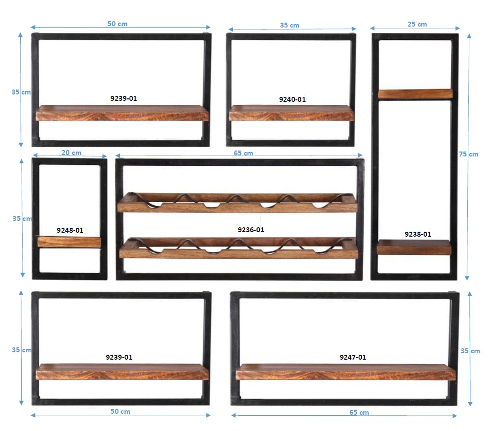 Wandregal-Set 7-teilig 5 niedrige Wandregale in 4 Breiten 1 hohes und 1 Weinregal Masse der Einzelregale 2 x 50x25x35 cm 2 x 65x25x35 cm 1 x 35x25x35 cm 1 x 20x25x35 cm 1 x 25x25x75 cm