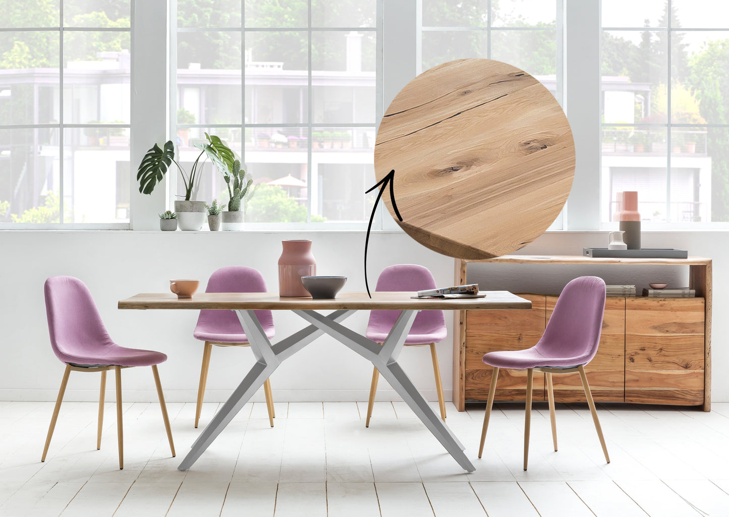 Tisch 220x100 cm Platte Wildeiche geoelt extravagantes silbernes Gestell Plattenstaerke 20 mm auf 40 mm aufgedoppelt aus durchgehenden Lamellen