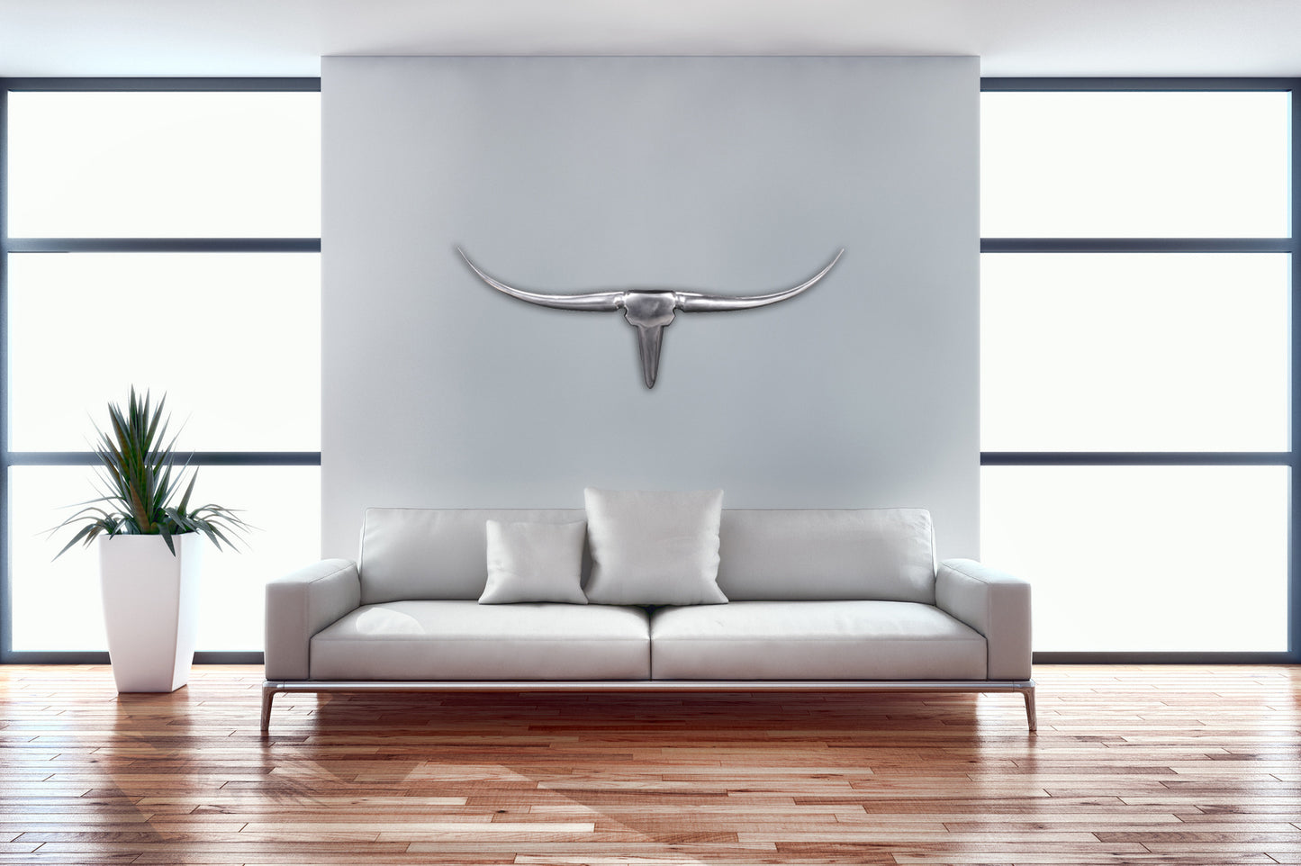 Deko Geweih Bull M WL1.245 Silber 100 cm Aluminium Design Hoerner Wanddekoration Stierkopf Horn Modern Wandskulptur Geweih Jagdtrophaee Metall Longhorn Wandschmuck Gross