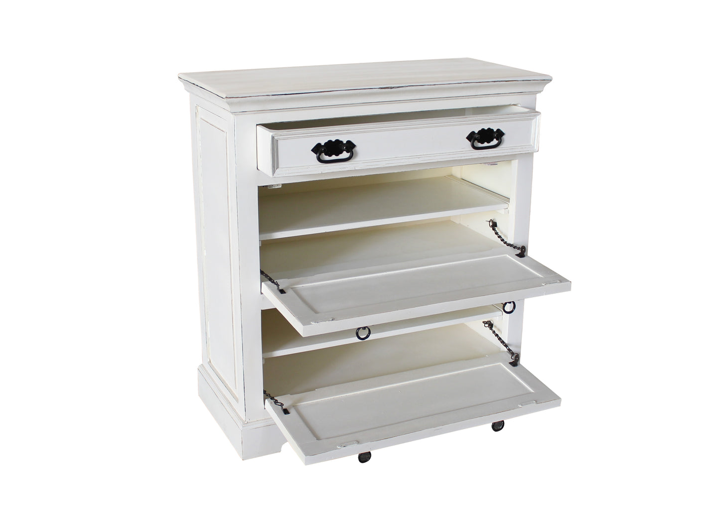 Schuhschrank 2 Klappen 1 Schublade je 1 loser Boden hinter jeder Klappe Fachmasse pro Klappe BT 69x335 Hoehe oben 12 cm unten 10 cm Schubladeninnenmass 665x28x85 cm fuer ca 12 Paar Schuhe