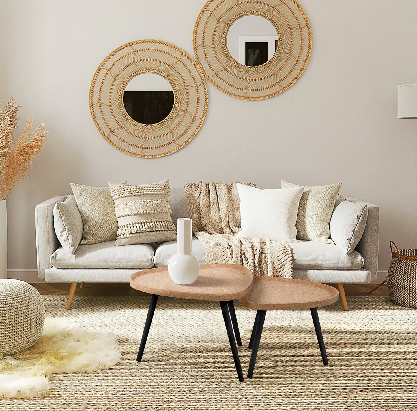 Beistelltisch 2er Set MDF mit Kork Beine schwarz Masse grosser Tisch ca B50xT40xH44 cm Masse kleiner Tisch ca B45xT35xH38 cm