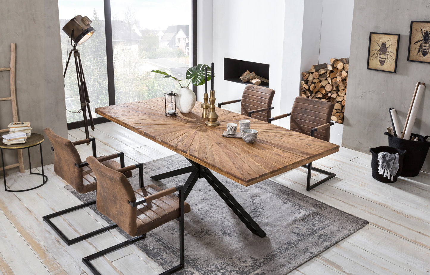 Tisch 200x100 cm Platte Teak "Sonne" schwarzes Stern-Gestell Plattenstaerke 50 mm