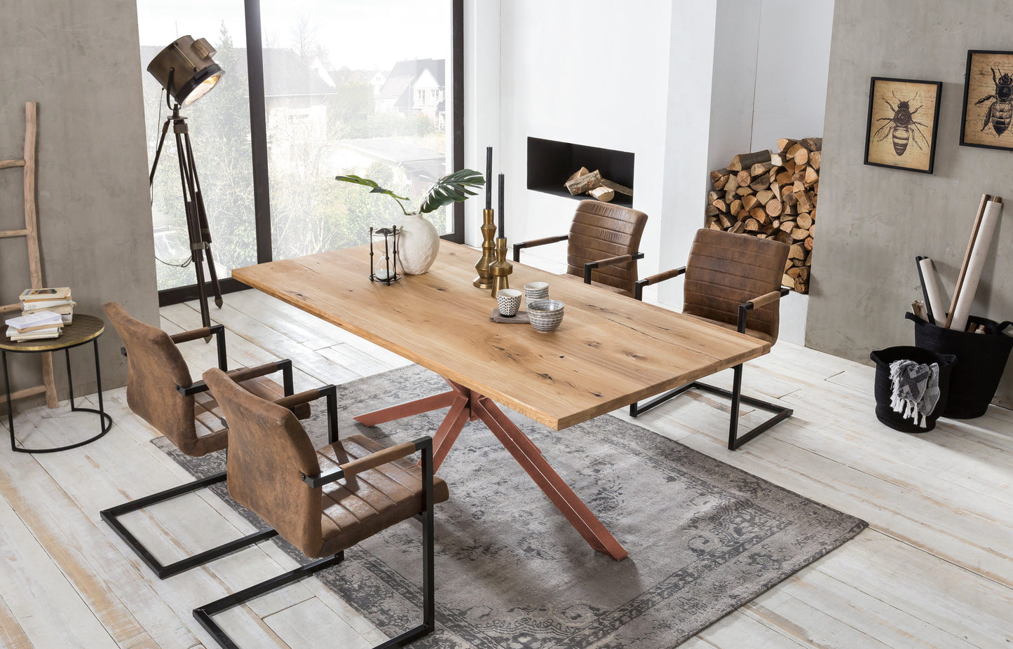 Tisch 200x100 cm Platte Wildeiche mit braunem Stern-Gestell Plattenstaerke 20 mm auf 40 mm aufgedoppelt
