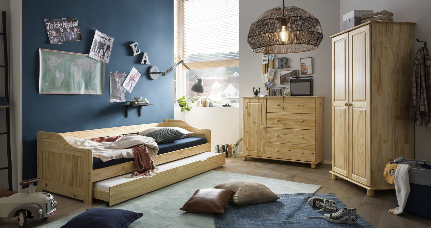 Bett fuer Matratzen 90x200cm 1 Schublade auf Rollen inklusive 2 Lattenrosten Hoehe der Matratze in der Schublade max 10 cm Einlasstiefe Lattenrost oben ca 7 cm