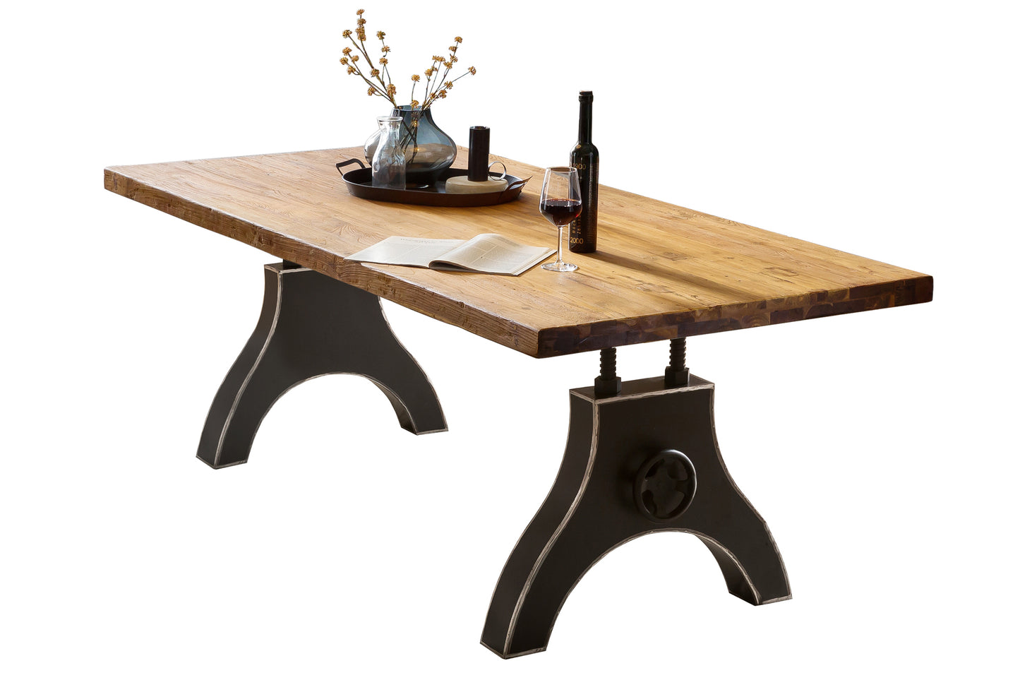 Tisch 220x100 cm recyceltes Teak Plattenstaerke 50 mm Gestell A-foermig schwarz Bestehend aus Gestell 07114-44 + Tischplatte 07133-01 - Plattenstaerke 20 mm augedoppelt auf 50 mm Kurbelrad ohne Funktion