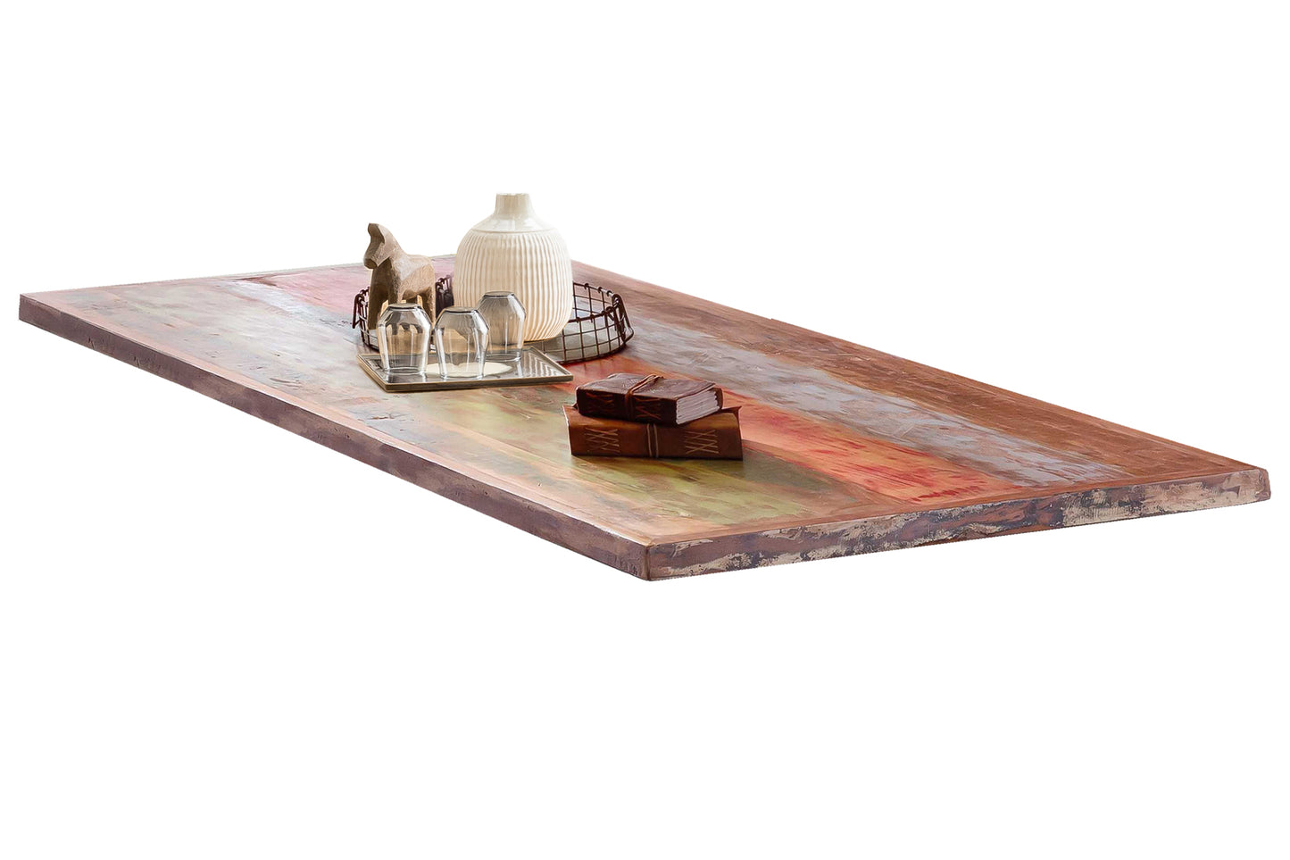 Tisch 240x100 cm Altholz bunt lackiert Plattenstaerke 50 mm gerahmt Gestell A-foermig schwarz Bestehend aus Gestell 07114-44 + Tischplatte 07184-98 - Plattenstaerke 20 mm am Rahmen 50 mm Kurbelrad ohne Funktion