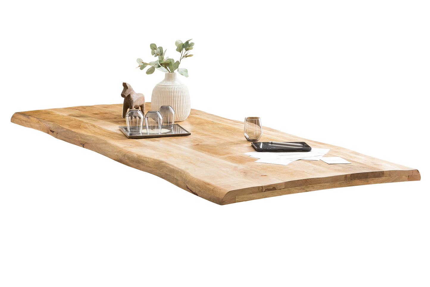 Tisch 240x100 cm Platte Baumkante wie gewachsen Gestell A-foermig schwarz Bestehend aus Platte 07146-04 aufgedoppelt auf 56 mm + Gestell 07114-44 Kurbelrad ohne Funktion