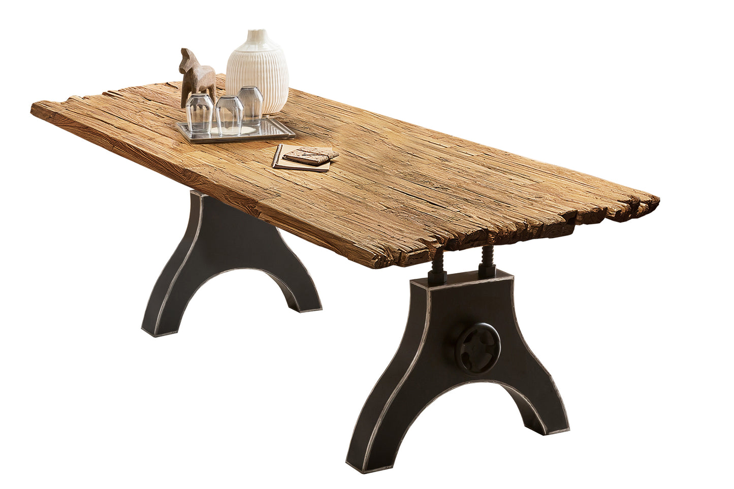 Tisch 160x90 cm Teak natur Plattenstaerke 50 mm Gestell A-foermig schwarz Bestehend aus Gestell 07114-44 + Tischplatte 07179-00 - aufgedoppelt auf 50 mm mit Bruchkante an den kurzen Seiten Kurbelrad ohne Funktion