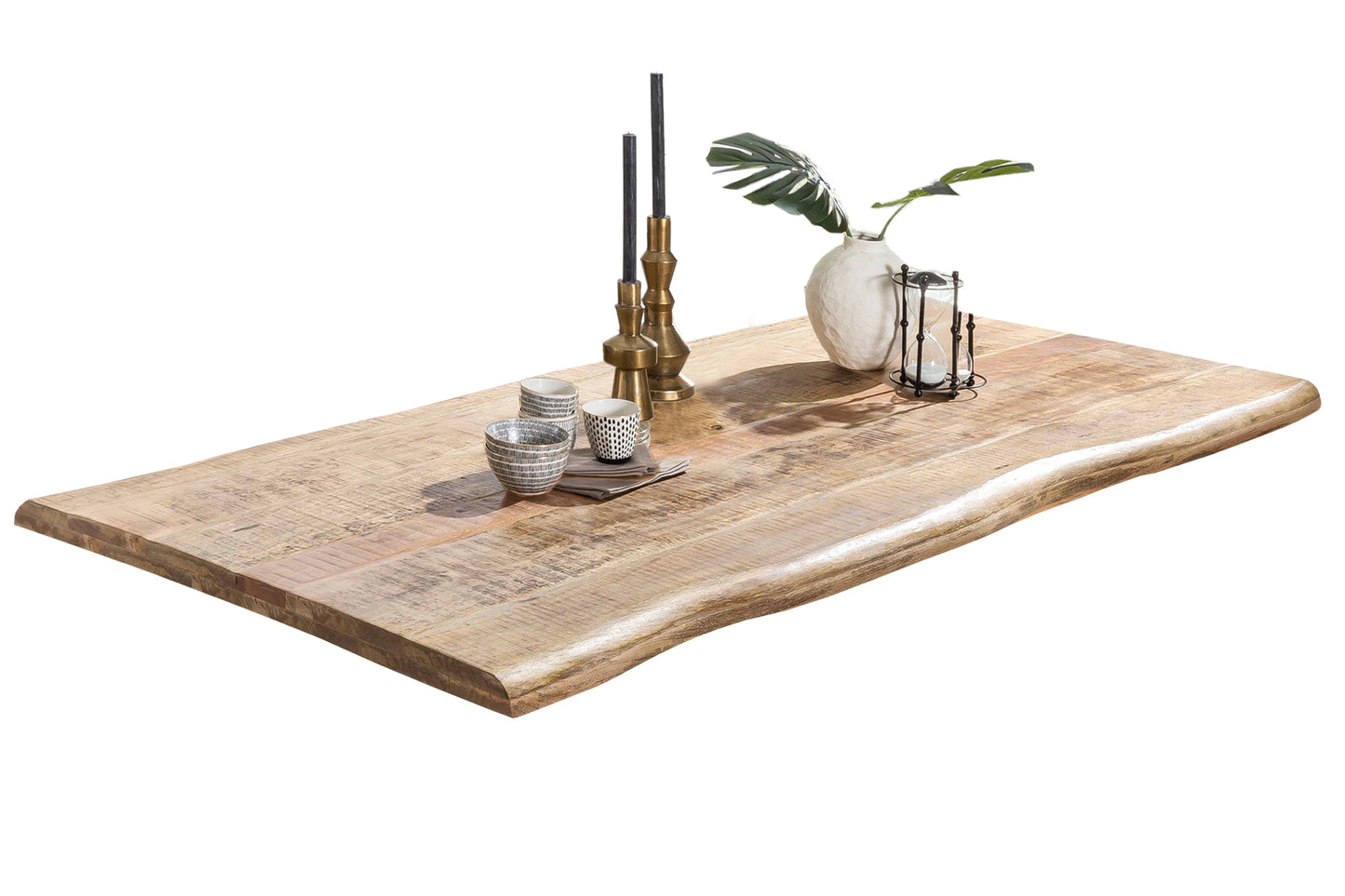 Tisch 240x100 cm Mango natur Plattenstaerke 56 mm Gestell im Used Look Bestehend aus Gestell 07114-42 + Tischplatte 07146-04 Plattenstaerke aufgedoppelt auf 56 mm mit Baumkante wie gewachsen Gestell Breite der Wangen 2 cm