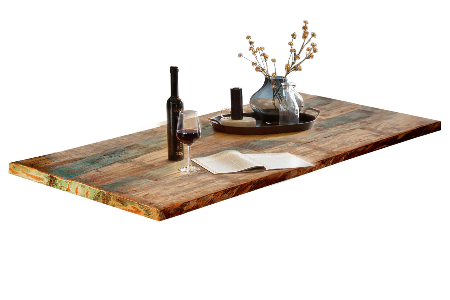 Tisch 200x100 cm Altholz bunt lackiert Plattenstaerke 40 cm Gestell im Used Look Bestehend aus Gestell 07114-42 + Tischplatte 07180-98 Plattenstaerke 20 cm auf 40 cm aufgedoppelt Platte bunt lackiert Gestell Breite der Wangen 2 cm