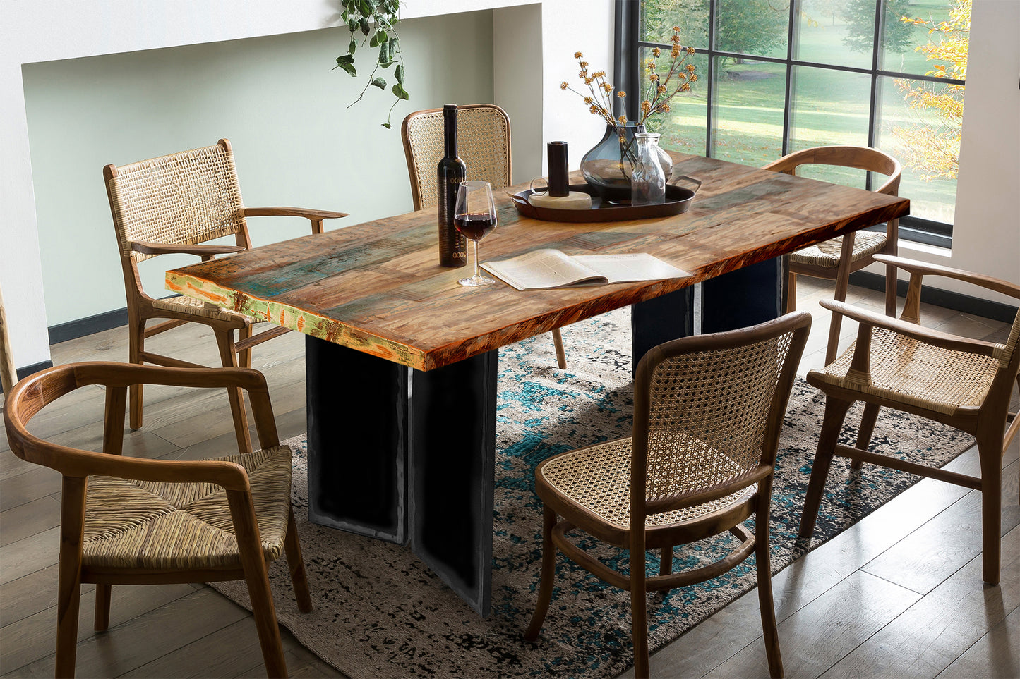 Tisch 220x100 cm Altholz bunt lackiert Plattenstaerke 40 cm Gestell im Used Look Bestehend aus Gestell 07114-43 + Tischplatte 07182-98 Plattenstaerke 20 cm auf 40 cm aufgedoppelt Platte bunt lackiert Gestell Breite der Wangen 2 cm