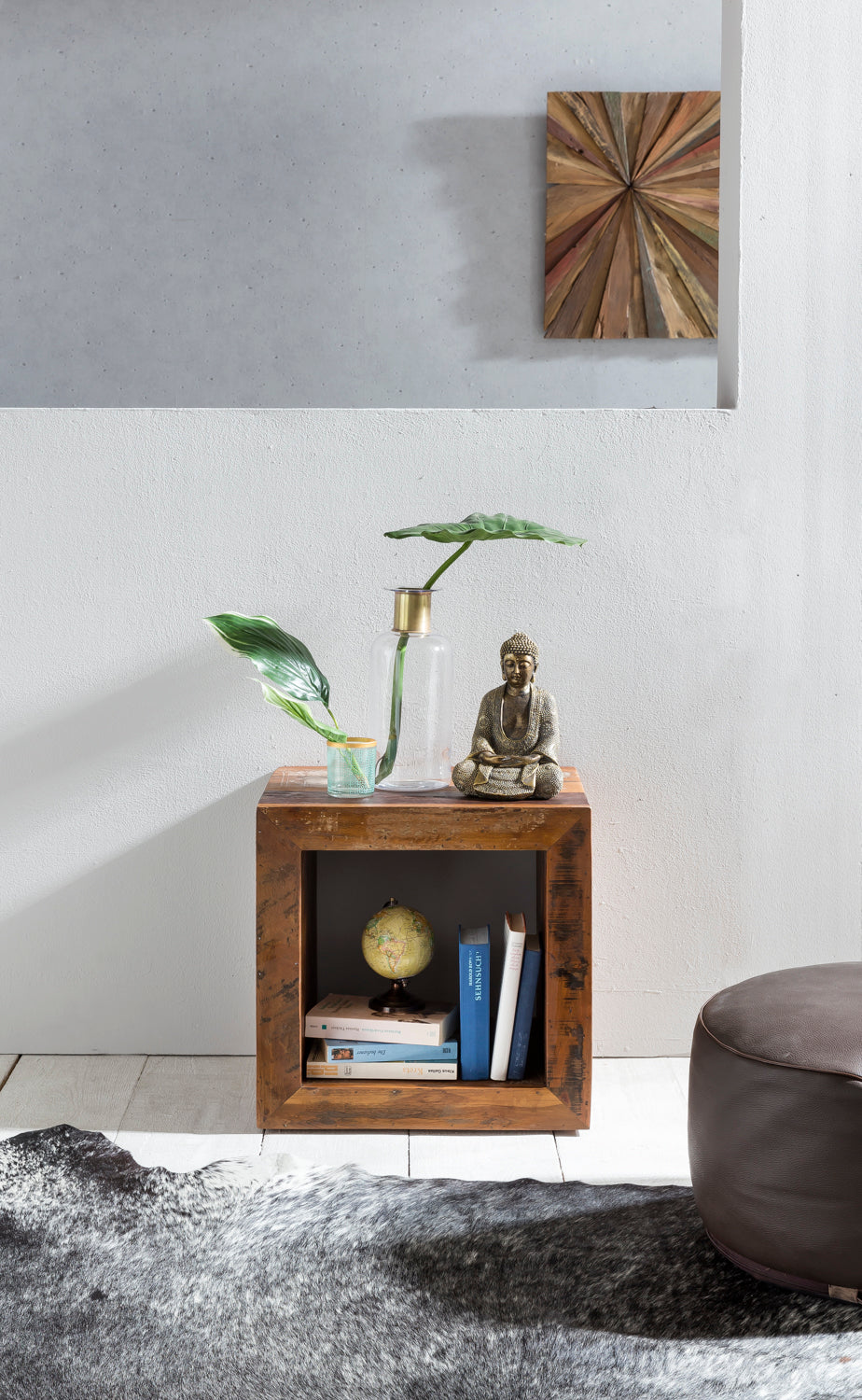 Beistelltisch Kalkutta 45 mal 45 mal 35 cm Massivholz Cube Tisch fuer Wohnzimmer Wohnzimmertisch mit Ablage Nachttisch Nachtkonsole Nachtkaestchen