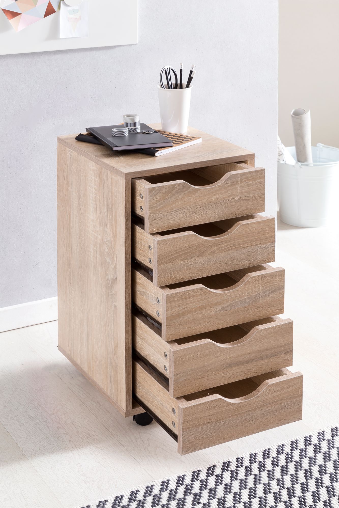 Rollcontainer 33 mal 64 mal 38 cm MDF Holz 5 Schubladen sonoma Moderner Schubladencontainer mit Rollen Standcontainer Buerocontainer