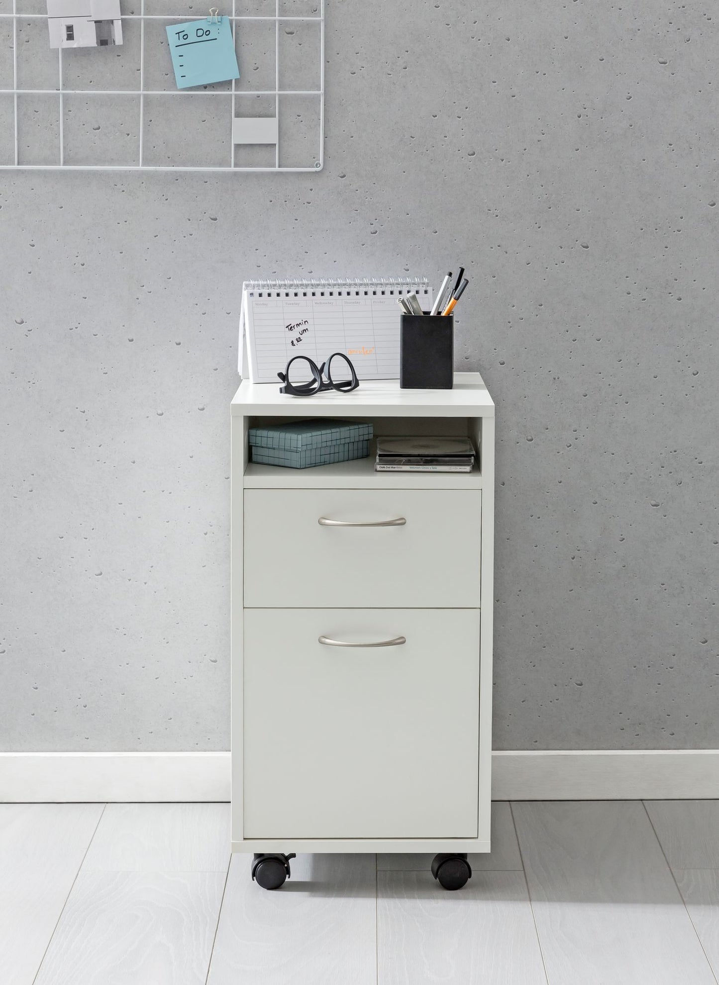 Rollcontainer WL5.901 Weiss 33 mal 63 mal 38 cm Schreibtisch Unterschrank Holz Roll Kommode Modern Buerocontainer Schubladenschrank mit Tuer Kleiner Schreibtischschrank mit Rollen