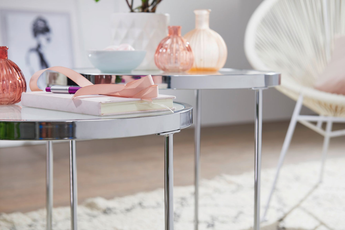 Design Beistelltisch Rund Ø 50 42 cm 2 teilig Weiss Silber mit Glasplatte Wohnzimmertisch 2er Set Satztisch Milchglas Couchtisch