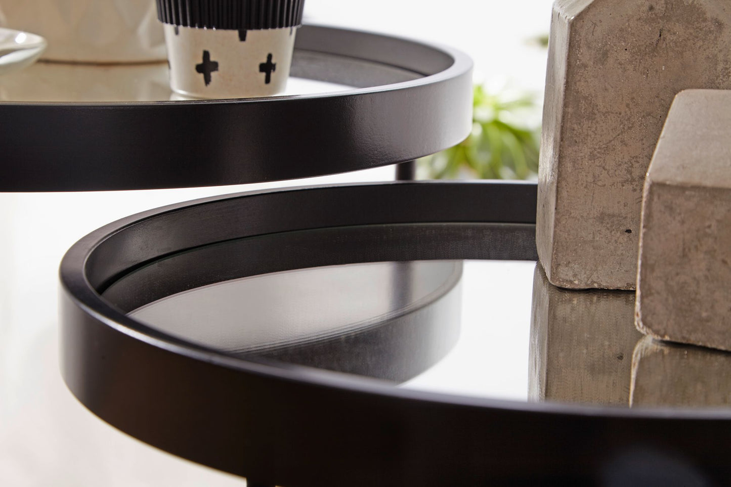 Design Beistelltisch Rund Ø 50 36 cm 2 teilig Schwarz mit Spiegel Glasplatte Wohnzimmertisch 2er Set Satztisch verspiegelt Couchtisch