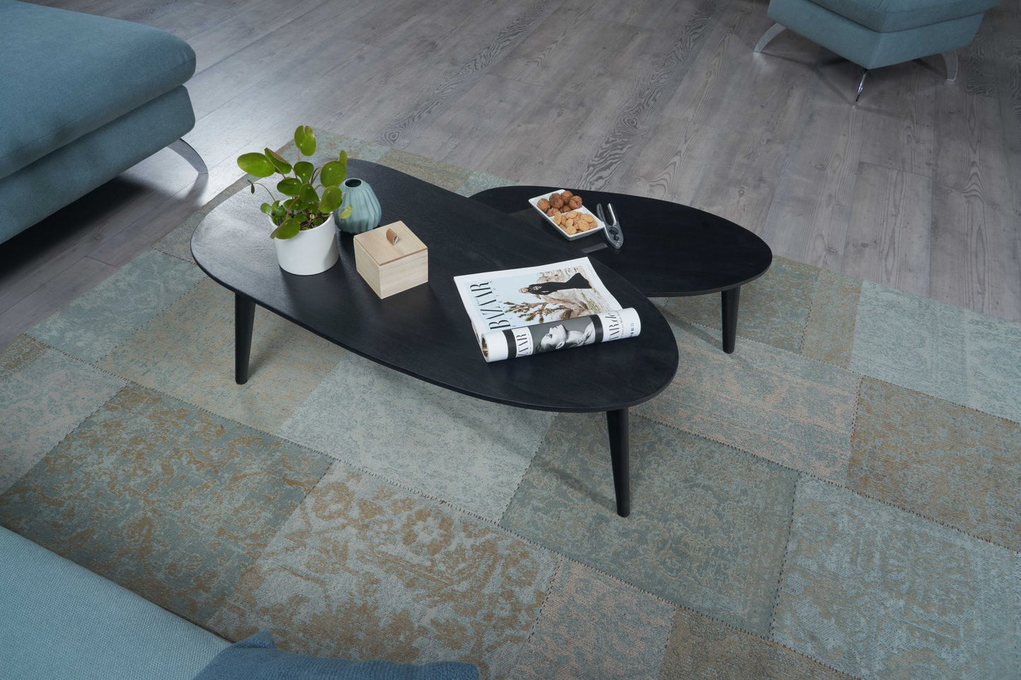 Design Couchtisch 2er Set Mango Massivholz Wohnzimmertisch Schwarz Satztisch Holztisch Nierenform Kaffeetisch Retro Tischset 2 teilig Beistelltisch Holz