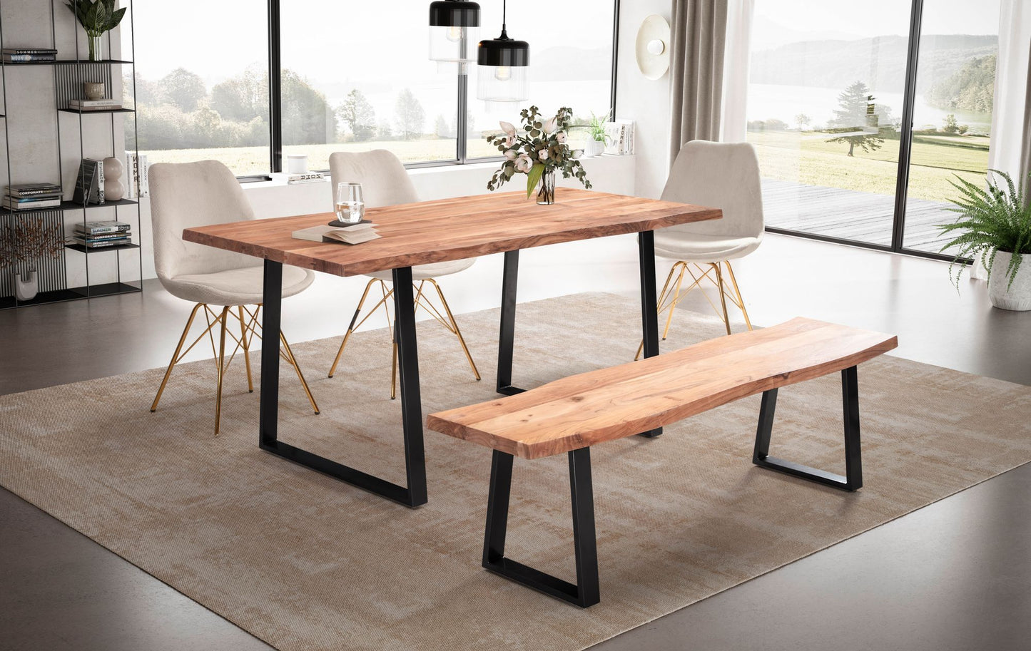 Esszimmertisch 140 mal 80 mal 76 cm Akazie Massivholz Metall Esstisch Baumkante Kuechentisch Massiv mit Trapezbeinen in Schwarz Holztisch Speisetisch Esszimmer Rechteckig