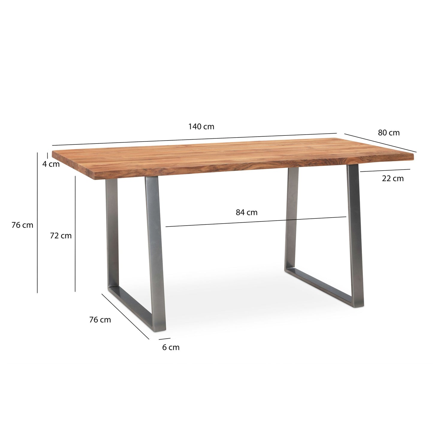 Esszimmertisch 140 mal 80 mal 76 cm Akazie Massivholz Metall Esstisch Baumkante Kuechentisch Massiv mit Trapezbeinen in Chrom Holztisch Speisetisch Esszimmer Rechteckig