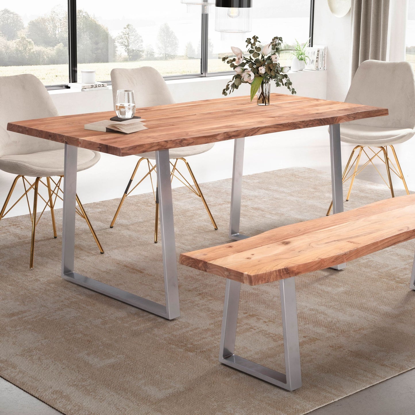 Esszimmertisch 140 mal 80 mal 76 cm Akazie Massivholz Metall Esstisch Baumkante Kuechentisch Massiv mit Trapezbeinen in Chrom Holztisch Speisetisch Esszimmer Rechteckig