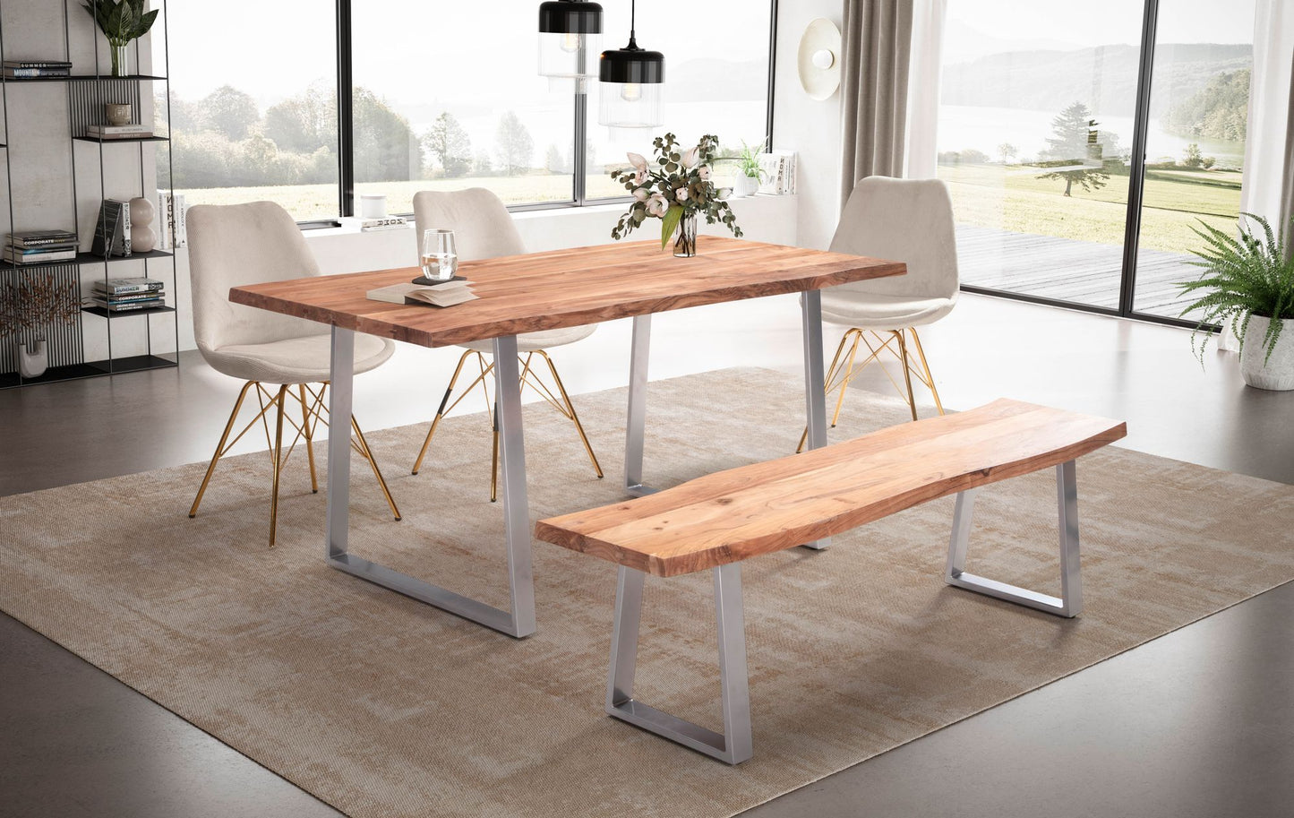 Esszimmertisch 140 mal 80 mal 76 cm Akazie Massivholz Metall Esstisch Baumkante Kuechentisch Massiv mit Trapezbeinen in Chrom Holztisch Speisetisch Esszimmer Rechteckig