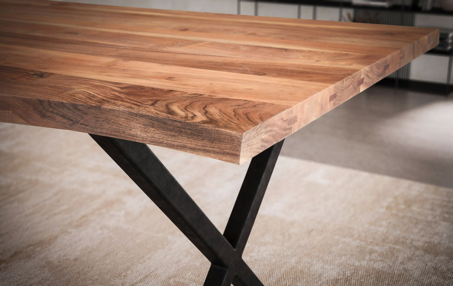 Esszimmertisch 120 mal 60 mal 76 cm Akazie Massivholz Metall Esstisch Baumkante Kuechentisch Massiv mit  mal  Beinen in Schwarz Holztisch Speisetisch Esszimmer Rechteckig