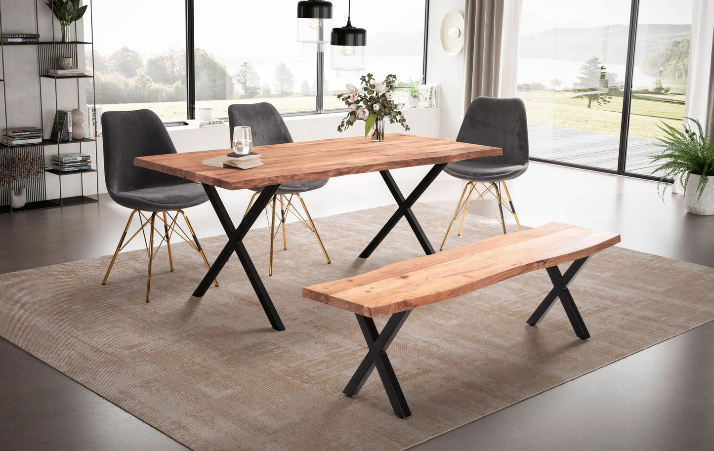 Esszimmertisch 120 mal 60 mal 76 cm Akazie Massivholz Metall Esstisch Baumkante Kuechentisch Massiv mit  mal  Beinen in Schwarz Holztisch Speisetisch Esszimmer Rechteckig