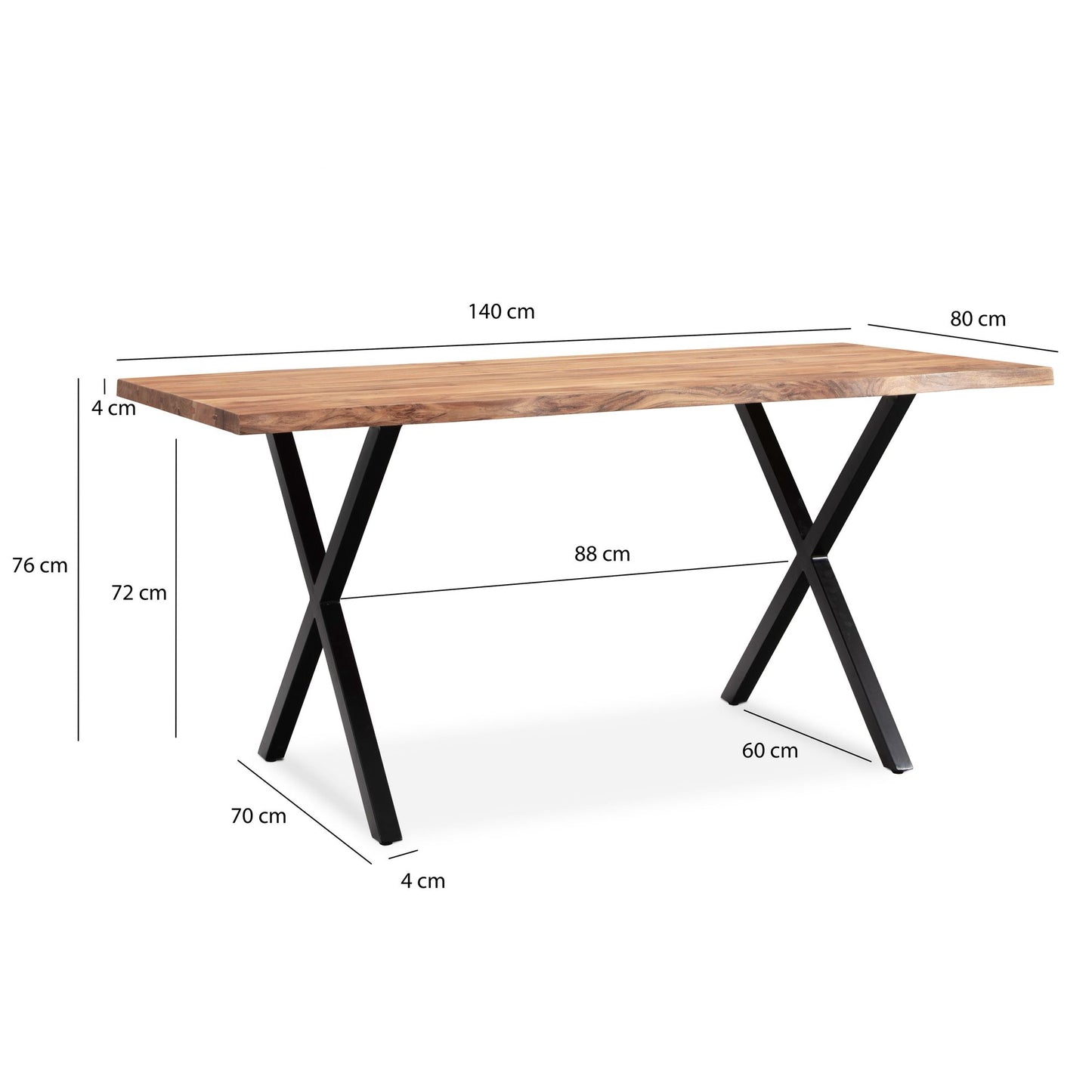 Esszimmertisch 140 mal 80 mal 76 cm Akazie Massivholz Metall Esstisch Baumkante Kuechentisch Massiv mit  mal  Beinen in Schwarz Holztisch Speisetisch Esszimmer Rechteckig