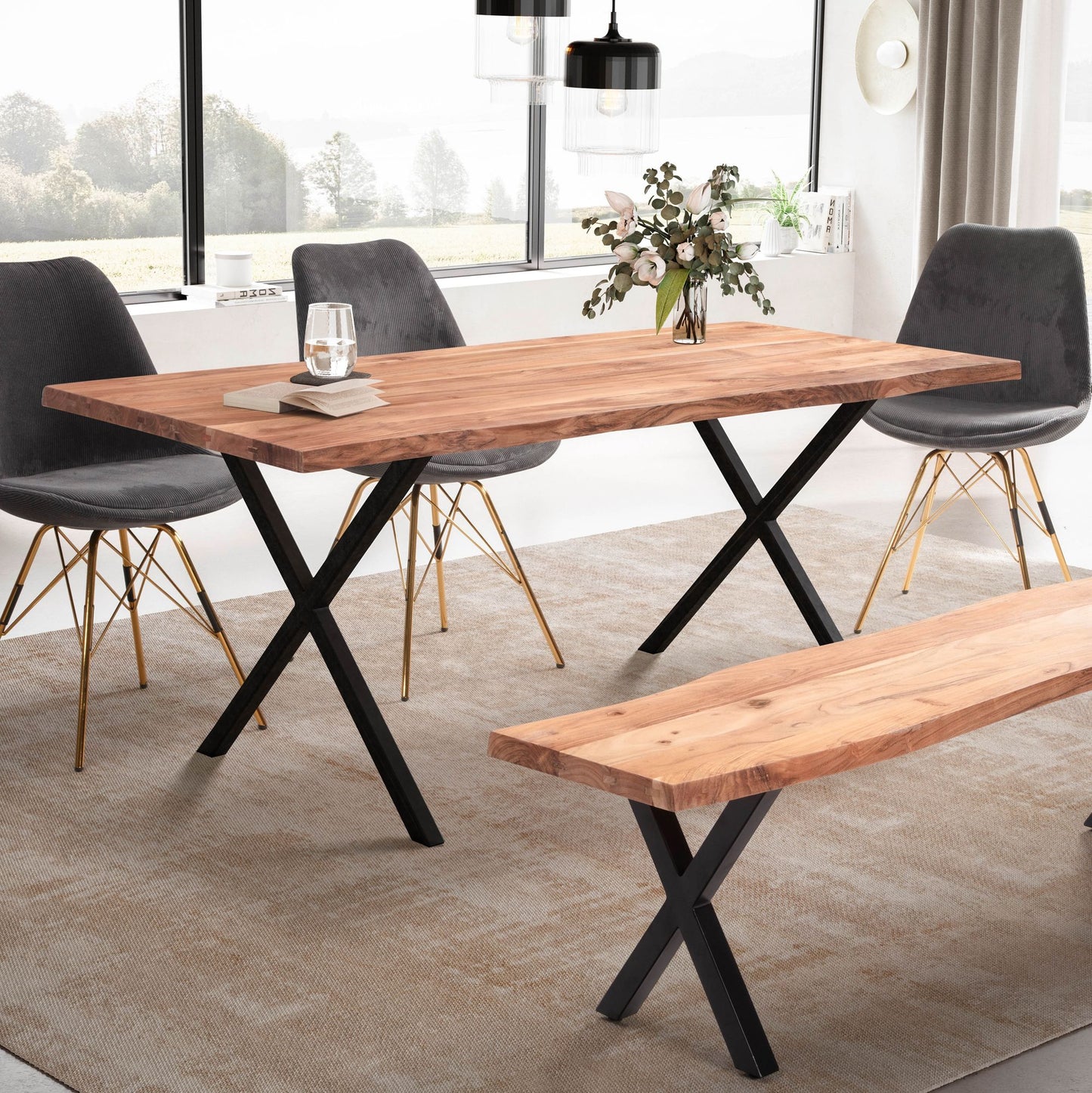 Esszimmertisch 140 mal 80 mal 76 cm Akazie Massivholz Metall Esstisch Baumkante Kuechentisch Massiv mit  mal  Beinen in Schwarz Holztisch Speisetisch Esszimmer Rechteckig