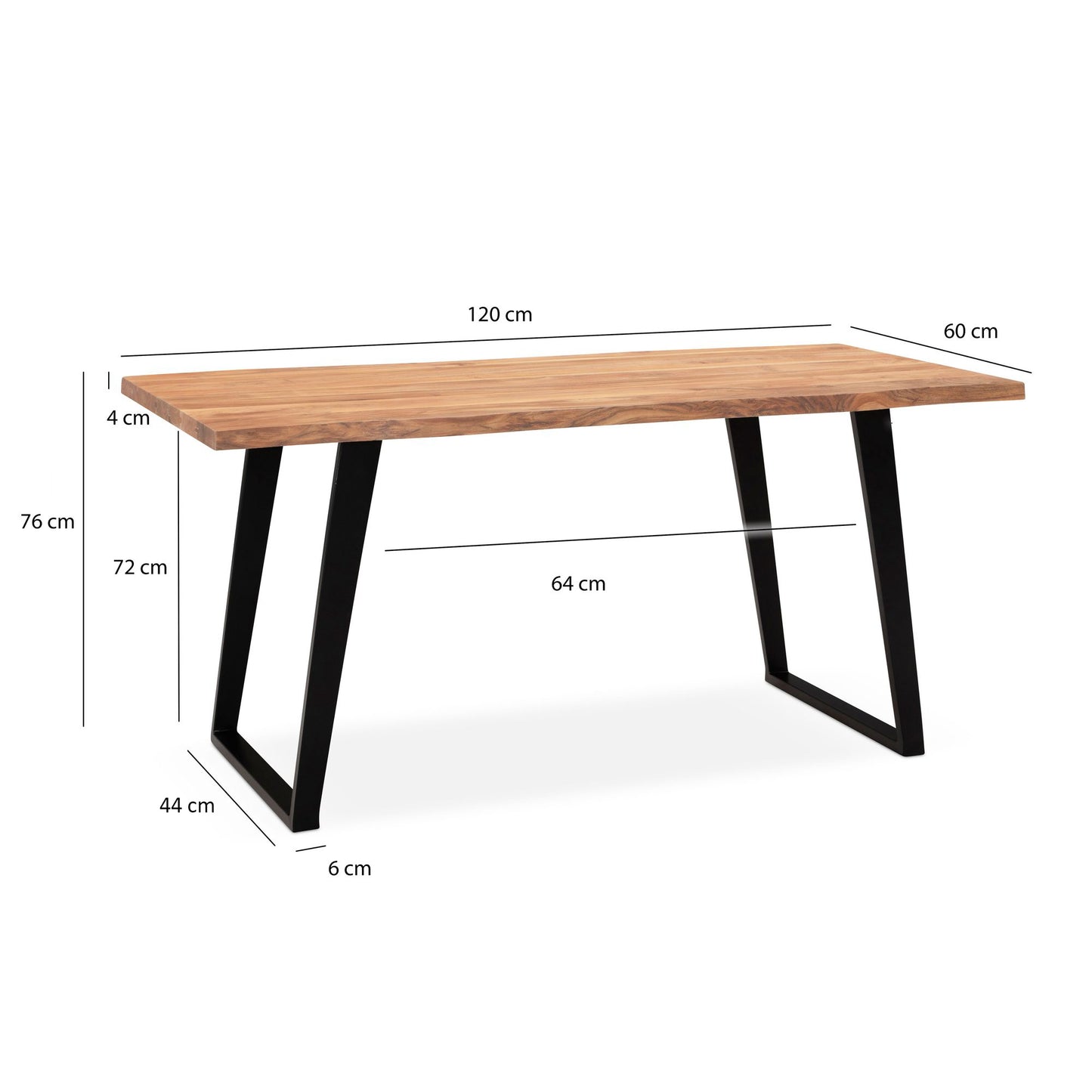 Esszimmertisch 120 mal 60 mal 76 cm Akazie Massivholz Metall Esstisch Baumkante Kuechentisch Massiv mit U Beinen in Schwarz Holztisch Speisetisch Esszimmer Rechteckig