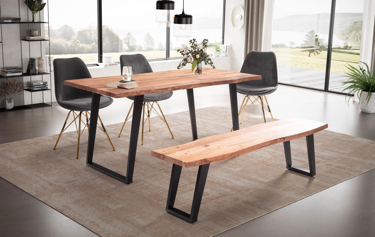 Esszimmertisch 140 mal 80 mal 76 cm Akazie Massivholz Metall Esstisch Baumkante Kuechentisch Massiv mit U Beinen in Schwarz Holztisch Speisetisch Esszimmer Rechteckig