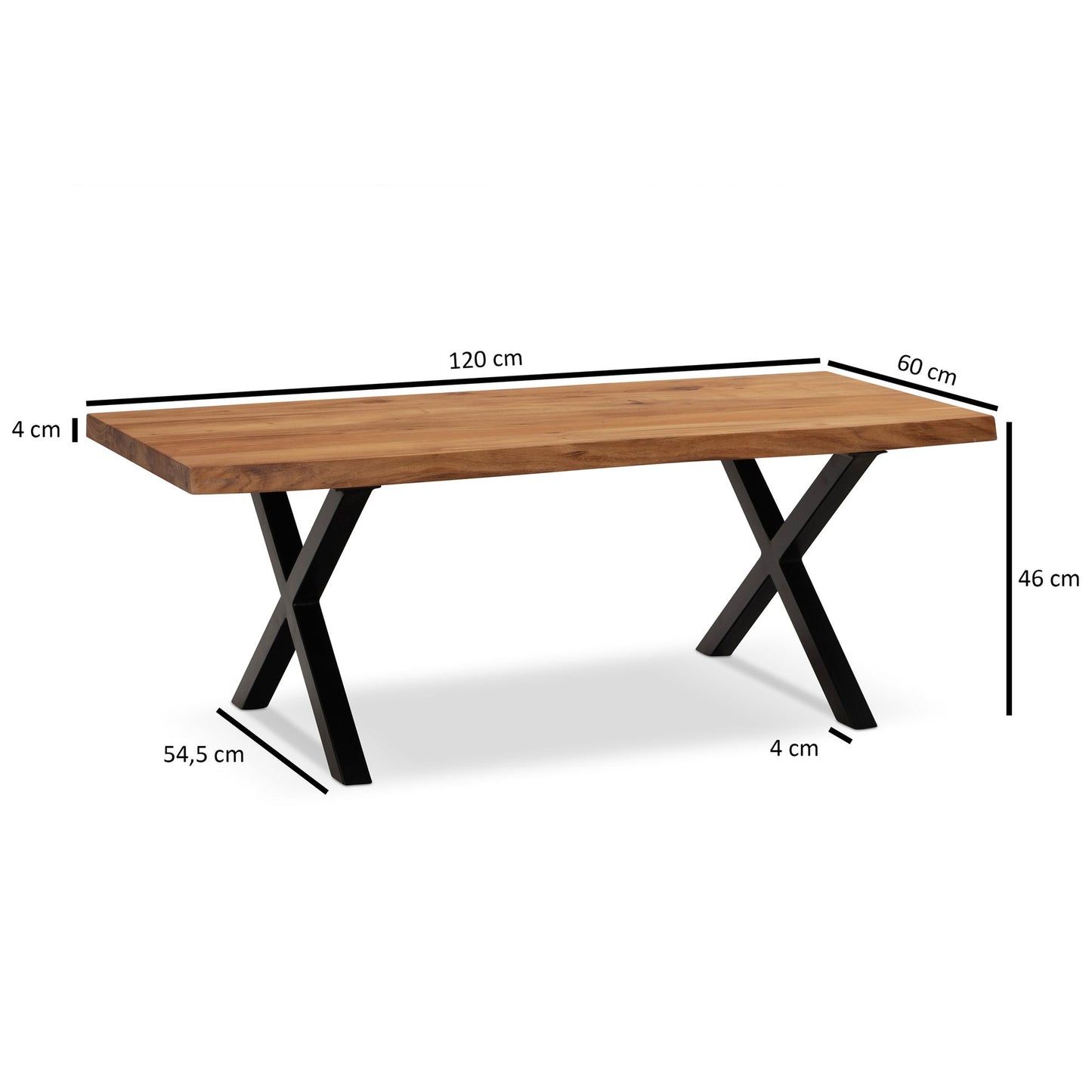 Couchtisch 120 mal 60 mal 46 cm Akazie Massivholz Metall Baumkante Design Wohnzimmertisch Rechteckig Sofatisch Stubentisch Braun Kaffeetisch mit schwarzen Beinen in  mal  Form