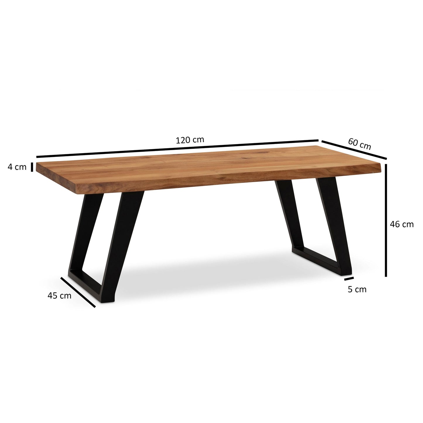 Couchtisch 120 mal 60 mal 46 cm Akazie Massivholz Metall Baumkante Design Wohnzimmertisch Rechteckig Sofatisch Stubentisch Braun Kaffeetisch mit schwarzen Beinen in U Form