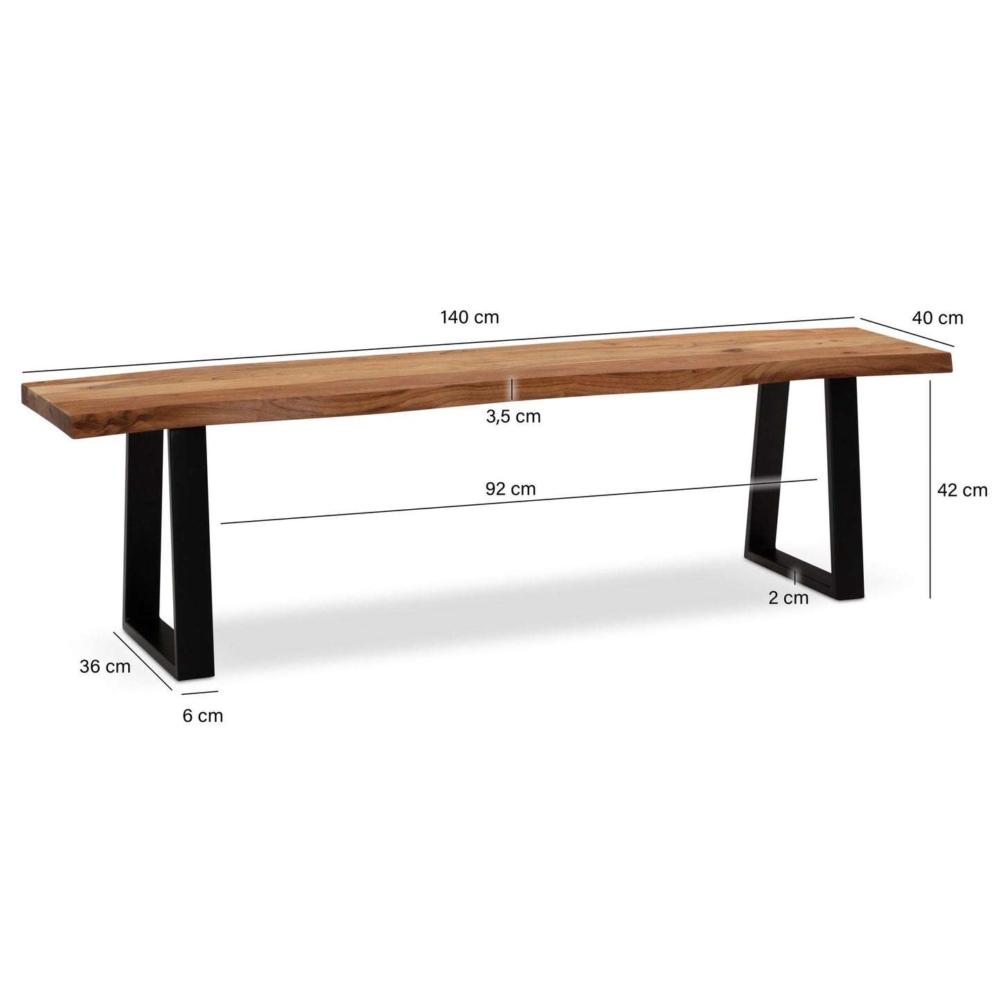 Esszimmerbank 140 mal 40 mal 45 5 cm Akazie Massivholz Metall mit Baumkante Esstischbank Holzbank Massiv ohne Lehne Kuechenbank Essbank Modern Sitzbank Esszimmer Klein