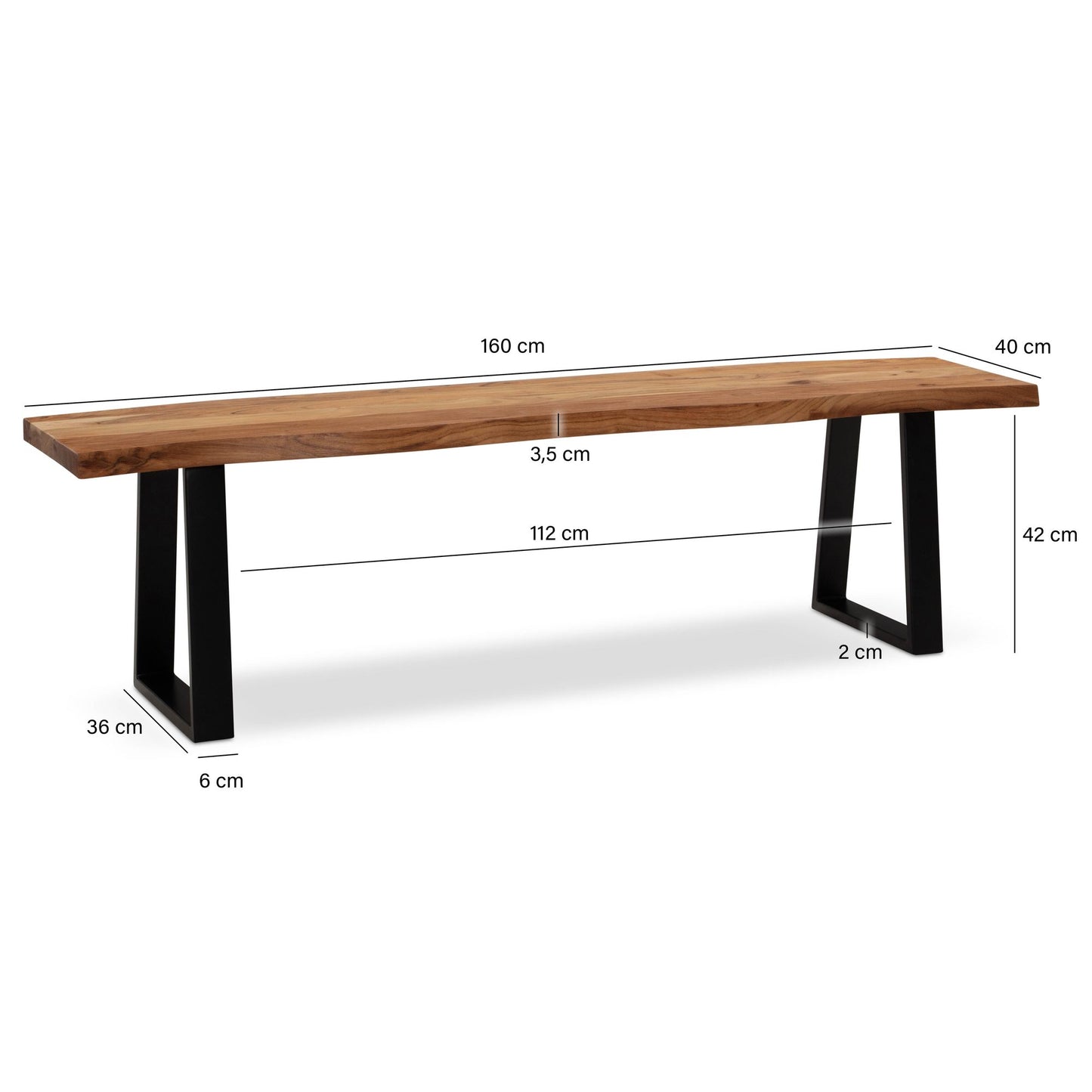 Esszimmerbank 160 mal 40 mal 45 5 cm Akazie Massivholz Metall mit Baumkante Esstischbank Holzbank Massiv ohne Lehne Kuechenbank Essbank Modern Sitzbank Esszimmer Gross