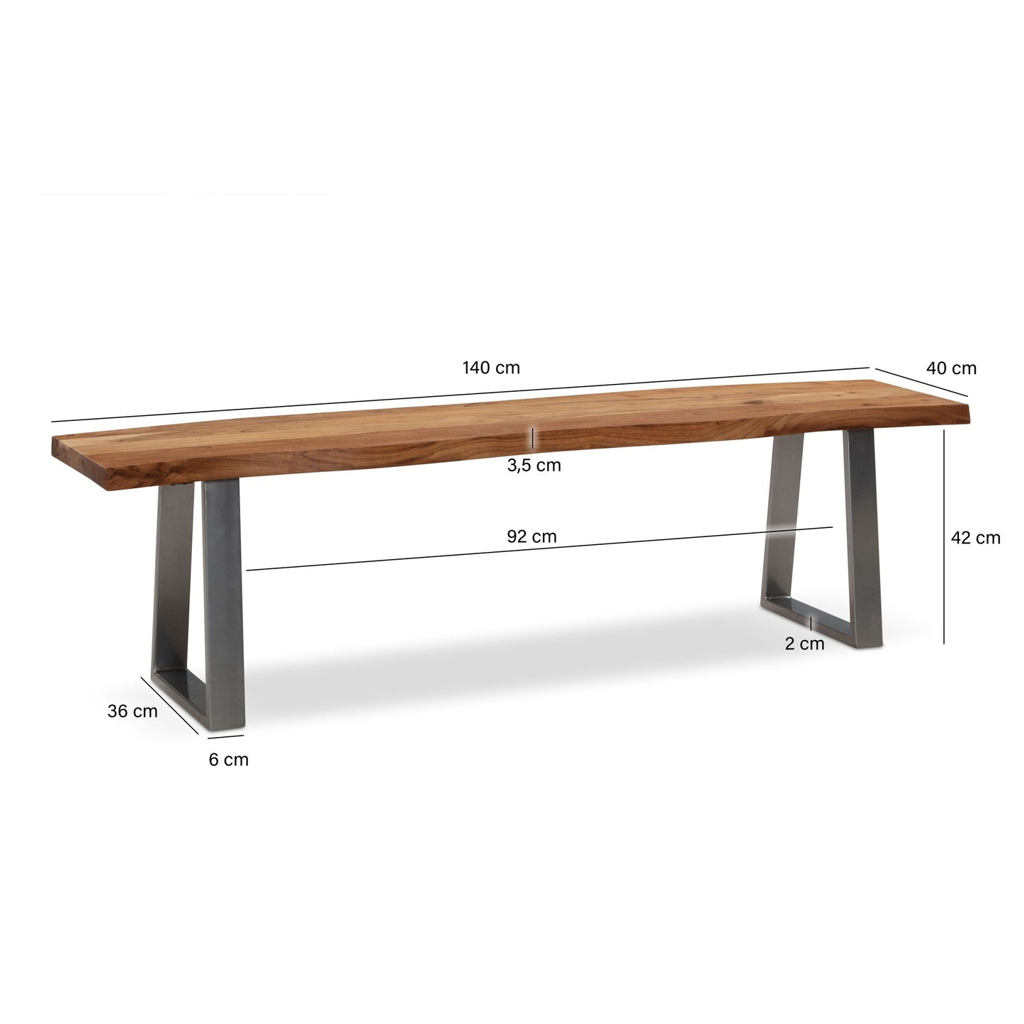 Esszimmerbank 140 mal 40 mal 45 5 cm Akazie Massivholz Metall mit Baumkante Esstischbank Holzbank Massiv ohne Lehne Kuechenbank Chrom Essbank Modern Sitzbank Esszimmer Klein