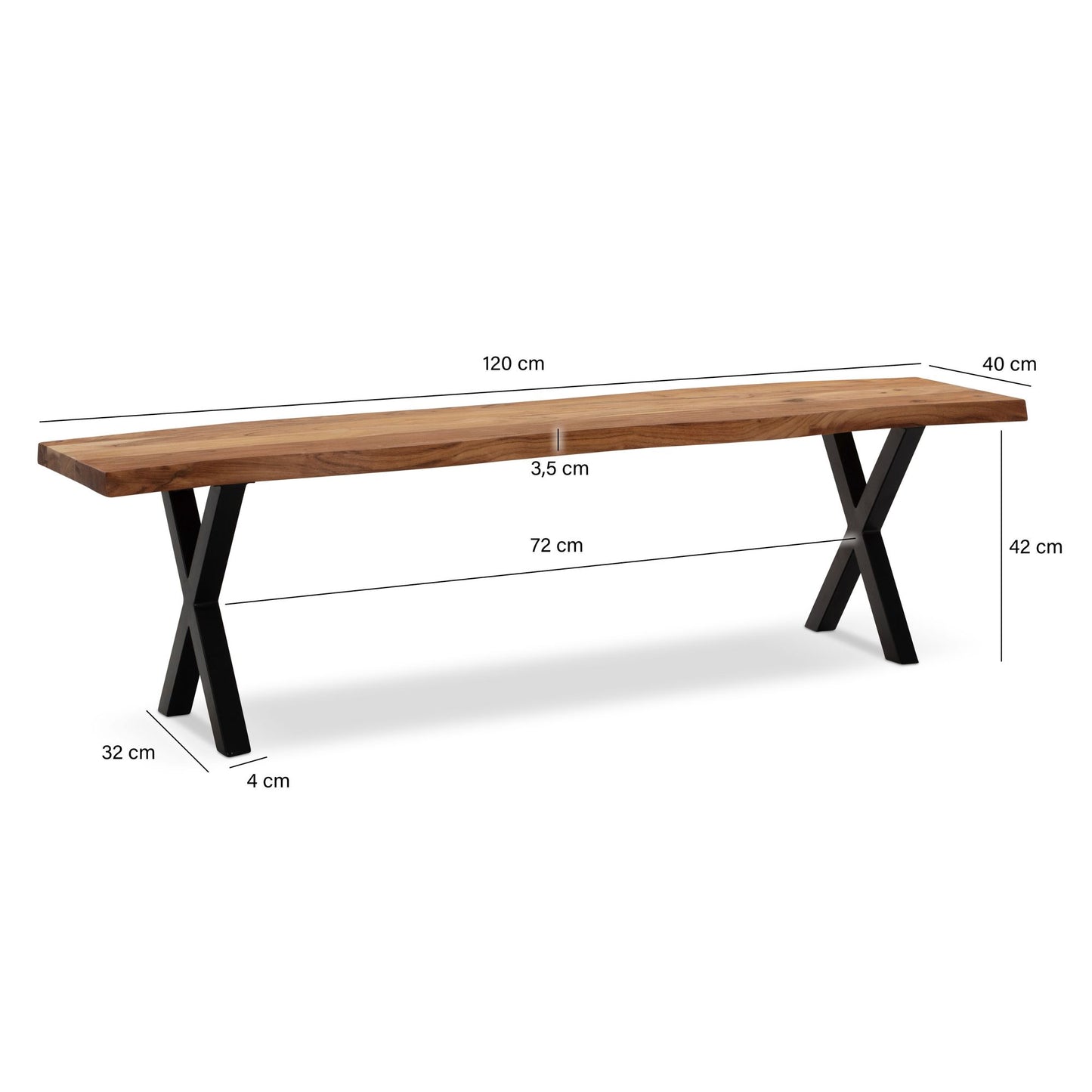 Esszimmerbank 120 mal 40 mal 45 5 cm Akazie Massivholz Metall mit Baumkante Esstischbank Modern Holzbank Massiv ohne Lehne Kuechenbank Essbank mit  mal  Beinen Sitzbank Esszimmer Klein