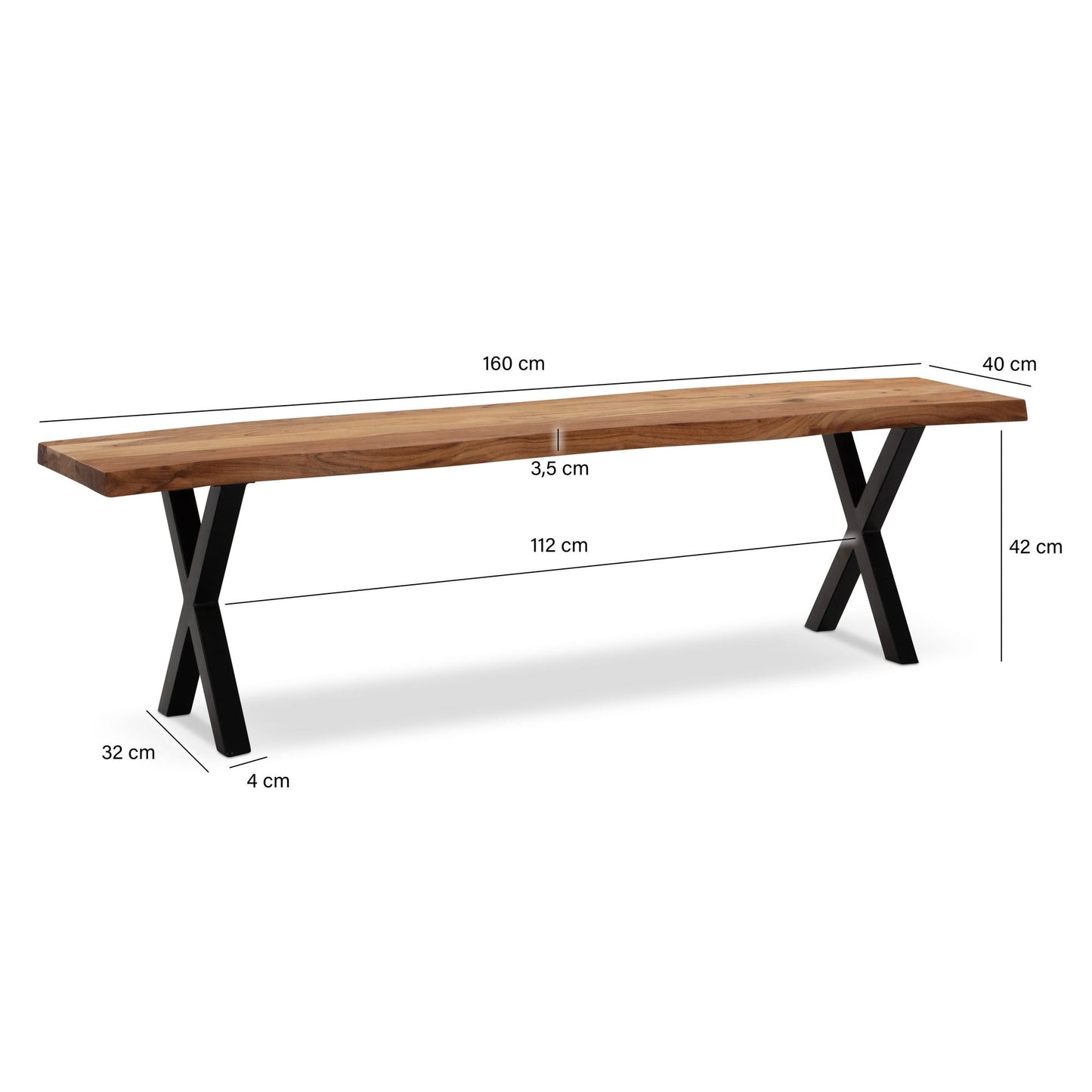 Esszimmerbank 160 mal 40 mal 45 5 cm Akazie Massivholz Metall mit Baumkante Esstischbank Modern Holzbank Massiv ohne Lehne Kuechenbank Essbank mit  mal  Beinen Sitzbank Esszimmer Gross