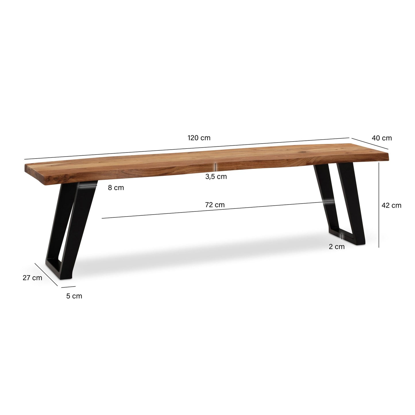 Esszimmerbank 120 mal 40 mal 45 5 cm Akazie Massivholz Metall mit Baumkante Esstischbank Modern Holzbank Massiv ohne Lehne Kuechenbank Essbank mit U Beinen Sitzbank Esszimmer Klein